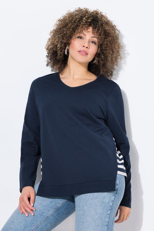 Sweat-shirt coupe évasée, empiècements à rayures, col en V et manches longues