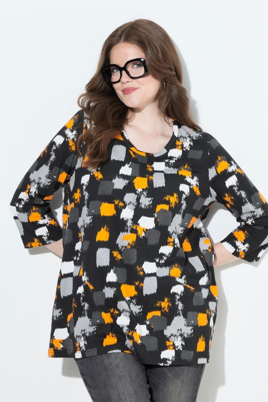T-shirt imprimé graphique, décolleté rond et manches 3/4, coupe évasée