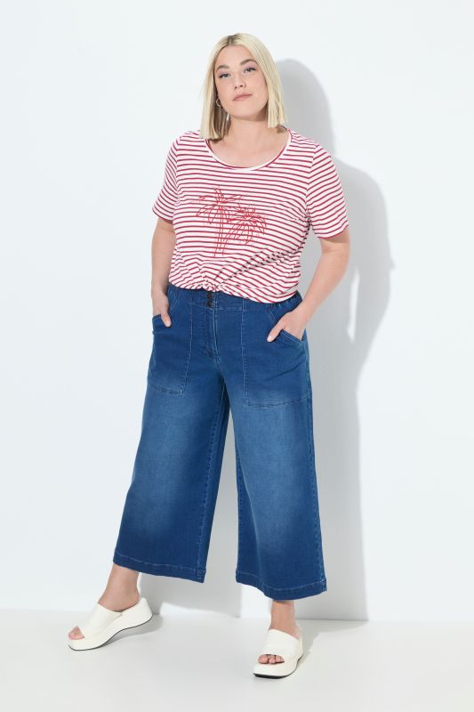 Jupe-culotte en jean Rose. Jambe large longueur mollet. Taille confortable