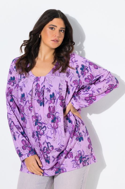 Blouse avec plis fantaisie, décolleté carré et manches longues, coupe évasée