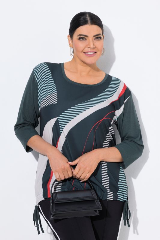 Sweat-shirt oversize avec cordon à la base, motif à rayures, décolleté rond et manches 3/4