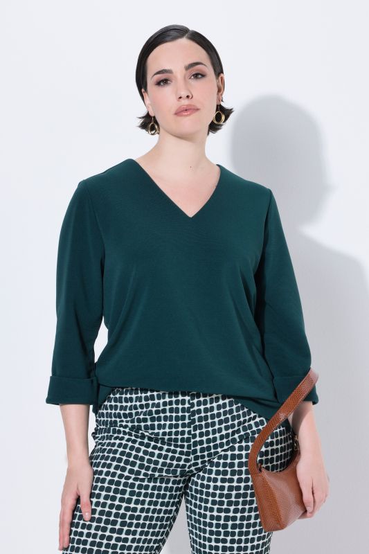 T-shirt manches 3/4 et décolleté en V, tissu texturé