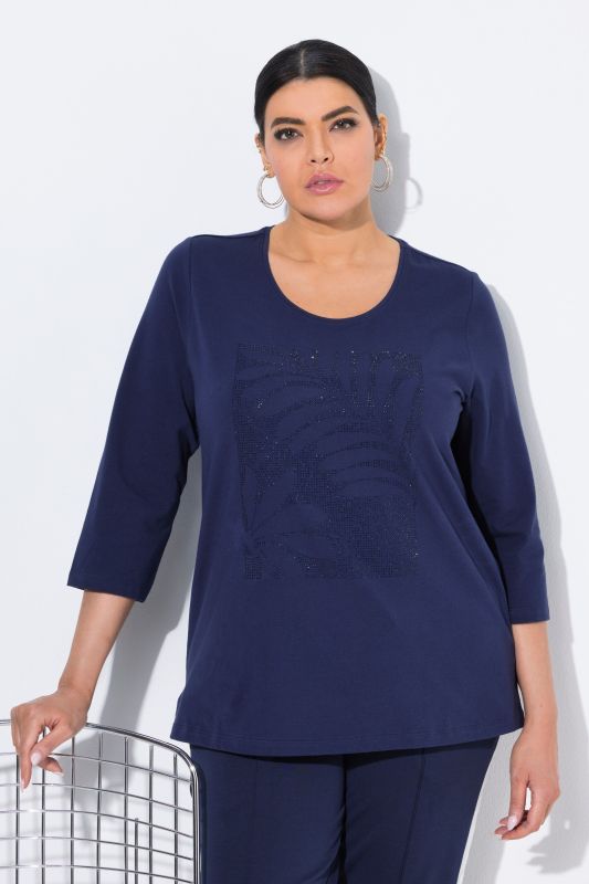 T-shirt décolleté rond et manches 3/4, strass fantaisie, coupe Classic Fit