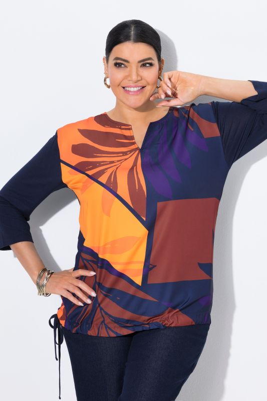 T-shirt col tunisien et manches 3/4, motif feuilles, coupe oversize