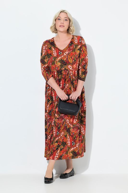 Robe maxi en jersey, motif cachemire, décolleté en V et manches 3/4, coupe évasée