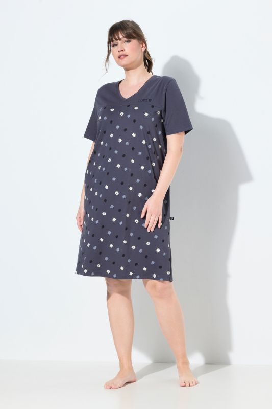 Chemise de nuit à fleurs, broderie sur le buste, décolleté en V et manches courtes