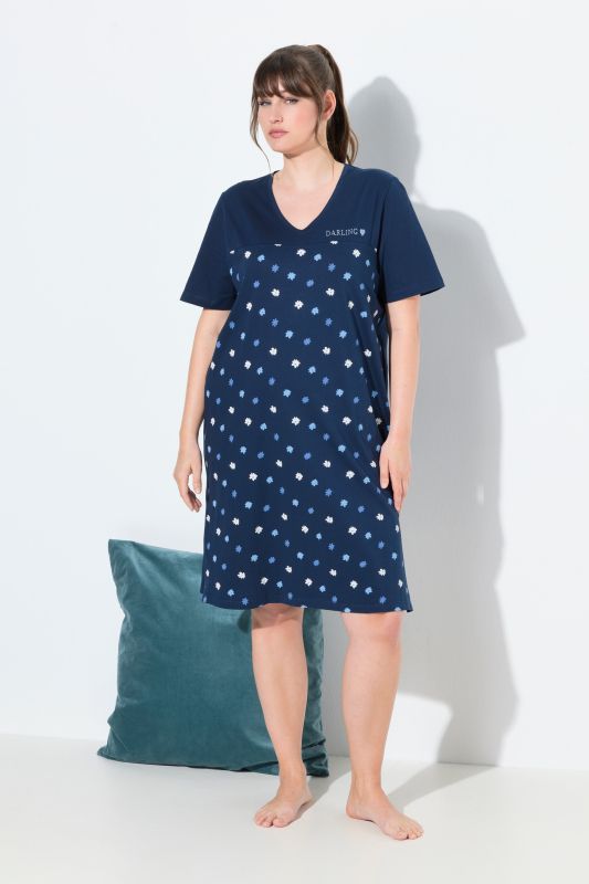 Chemise de nuit à fleurs, broderie sur le buste, décolleté en V et manches courtes