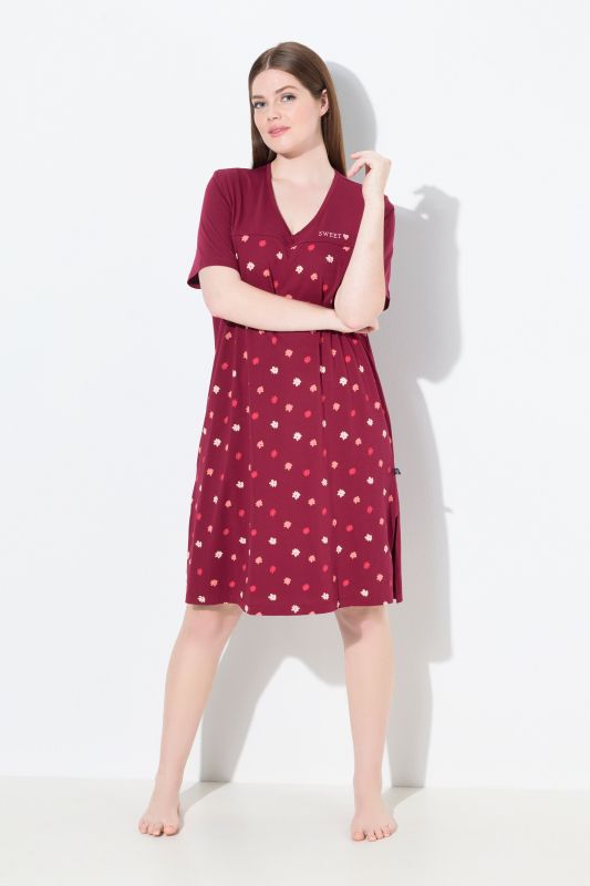 Chemise de nuit à fleurs, broderie sur le buste, décolleté en V et manches courtes