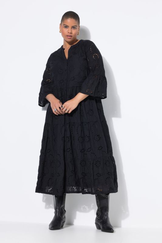 Robe maxi à volants. Manches 3/4 et broderie ajourée