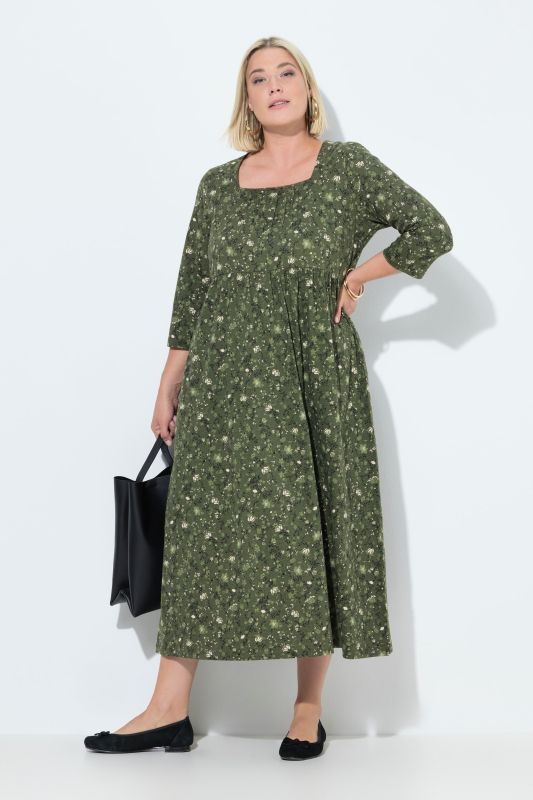 Robe maxi en jersey motif à fleurs, décolleté carré et manches 3/4, coupe évasée
