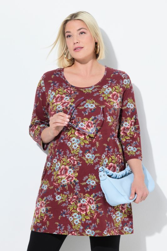 T-shirt long à fleurs, décolleté rond et manches 3/4, coupe évasée