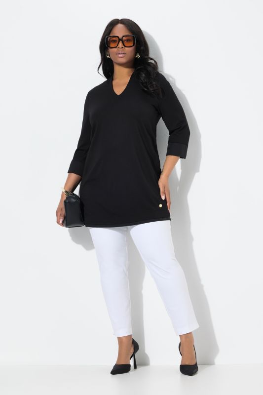 T-shirt long, maille point de Rome. Col calice et manches 3/4