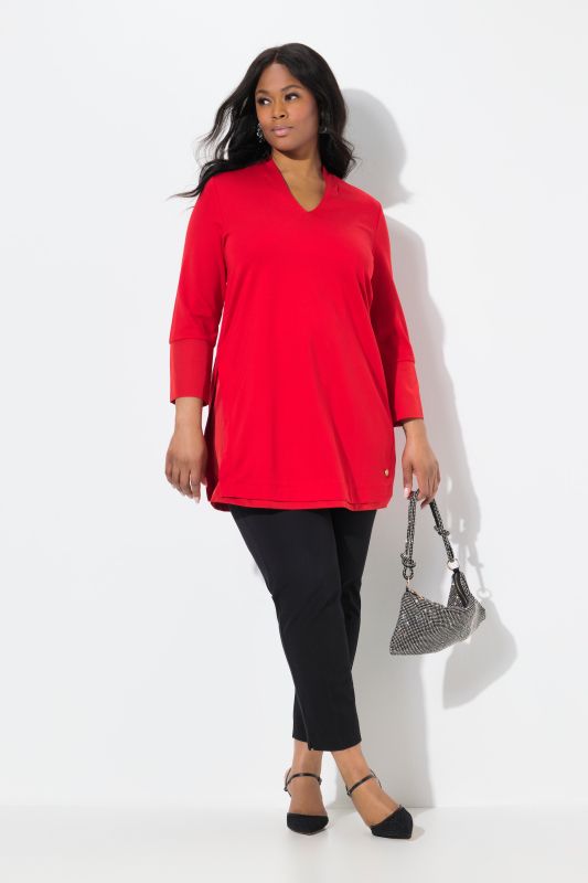 T-shirt long, maille point de Rome. Col calice et manches 3/4
