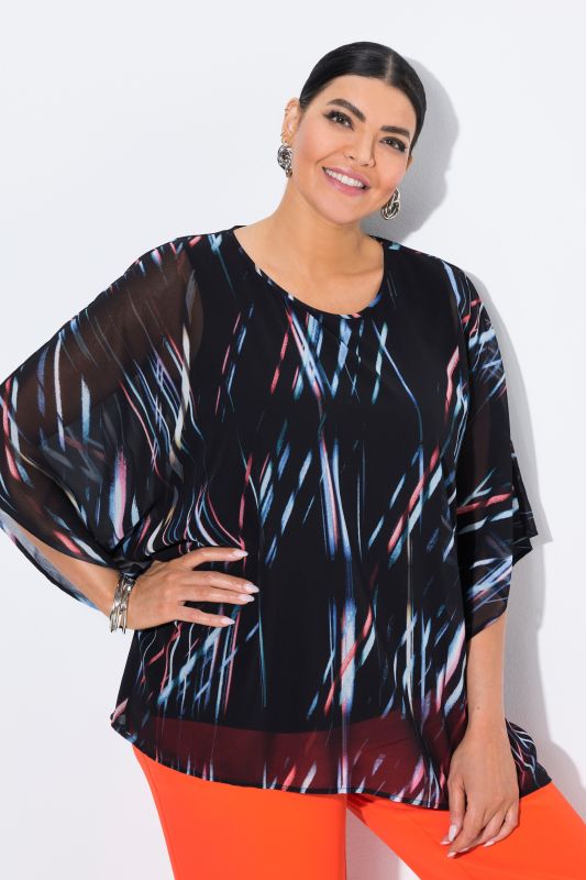 Tunique oversize en mousseline rayée, décolleté rond et manches 3/4