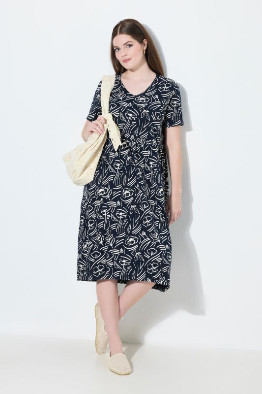 Robe midi en coton bio motif floral, décolleté en V et manches courtes
