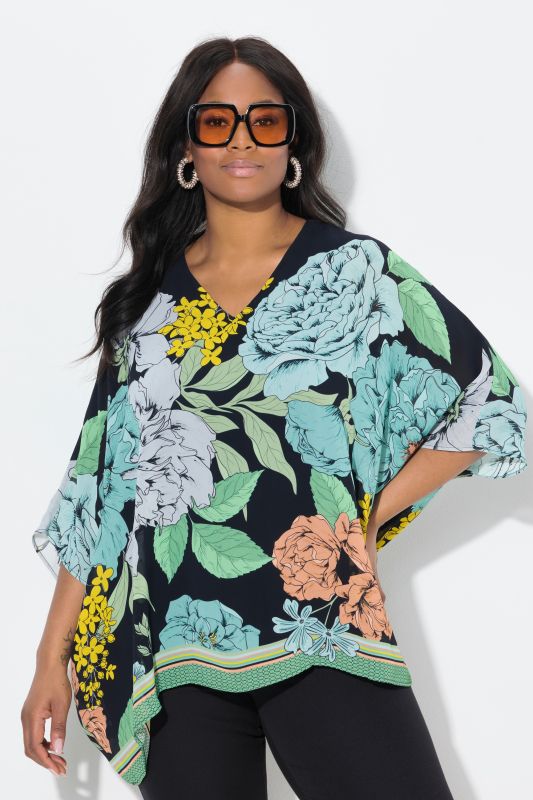 Blouse oversize en mousseline à fleurs. Encolure V et manches courtes