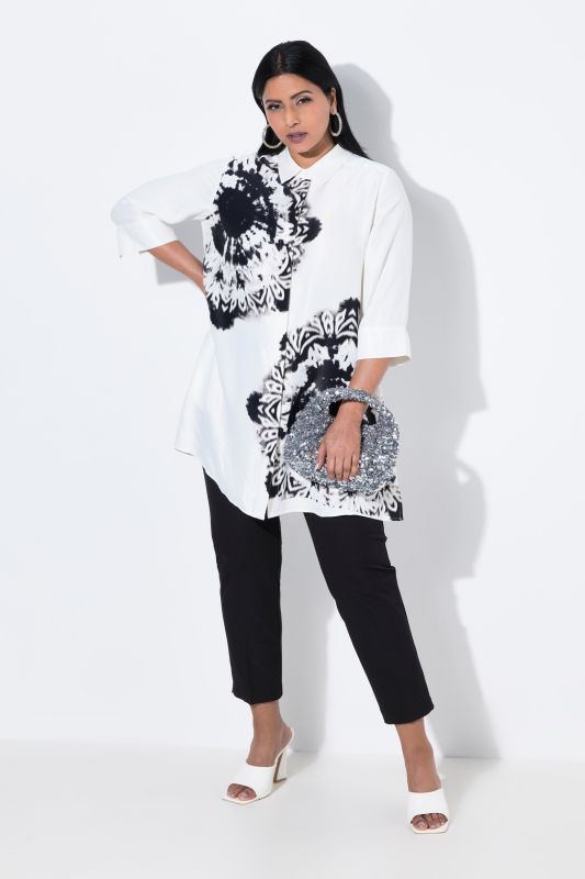Chemisier coupe évasée, motif batik, col chemise et manches 3/4