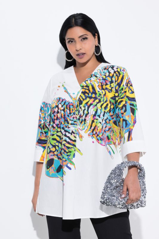 Tunique motif papillon, décolleté en V et manches 3/4