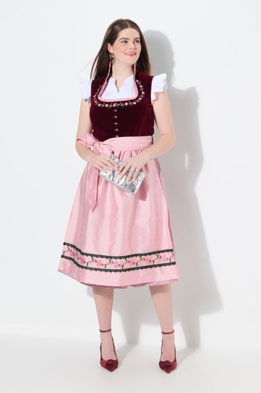 Dirndl en velours sans manches, costume traditionnel bavarois. Encolure carrée et broderies