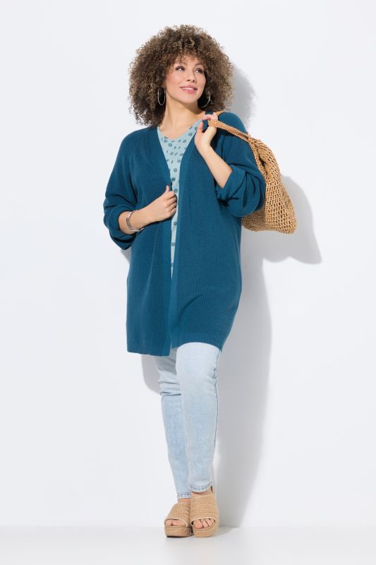 Cardigan long en maille côtelée, coupe ouverte et encolure V