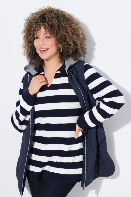 Pull rayé, maille envers, col polo et manches longues