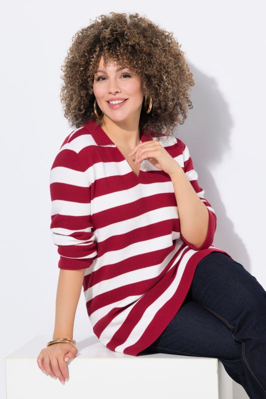 Pull rayé, maille envers, col polo et manches longues