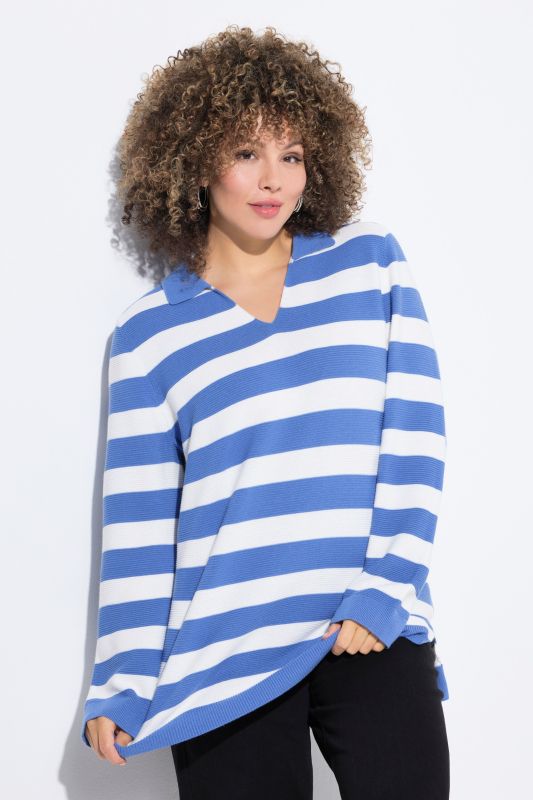 Pull rayé, maille envers, col polo et manches longues