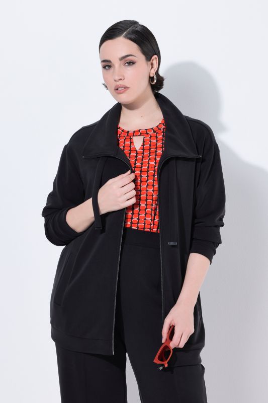 Veste en molleton, modal mélangé et petits strass fantaisie, col montant et manches longues