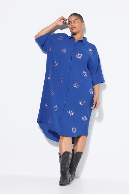 Robe midi en mousseline. Coupe oversize. Broderie yeux