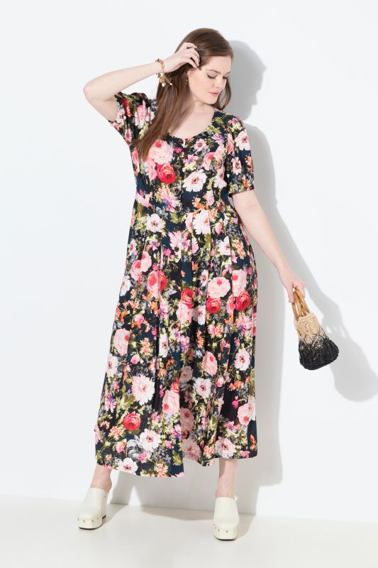 Robe maxi à fleurs, décolleté rond et manches courtes, lin mélangé