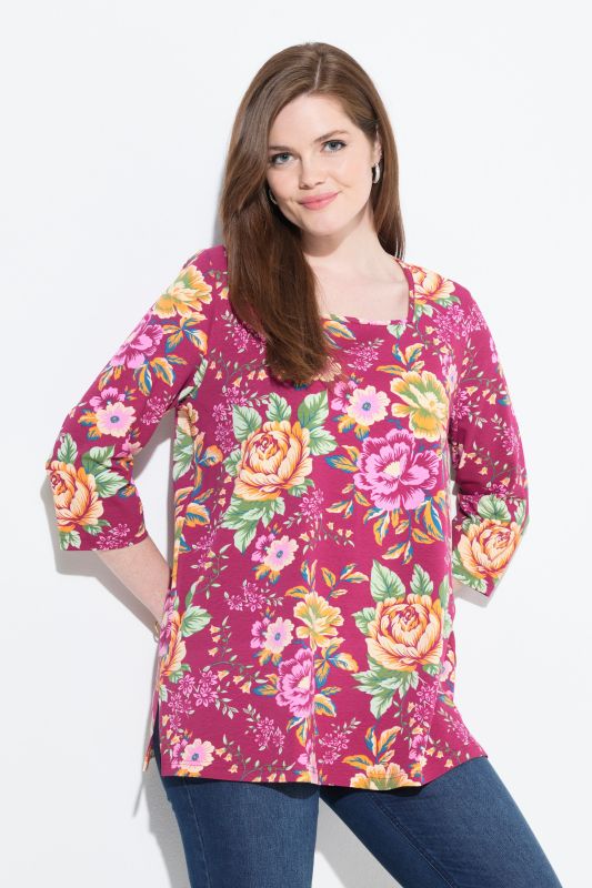 T-shirt à fleurs, décolleté carré et manches 3/4, coupe Classic Fit