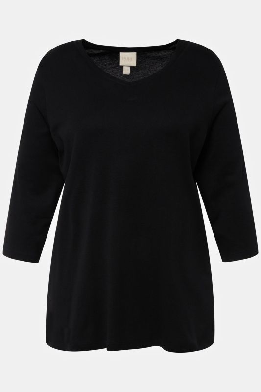 T-shirt, jersey bord-côte. Col en V et manches 3/4. Coton bio