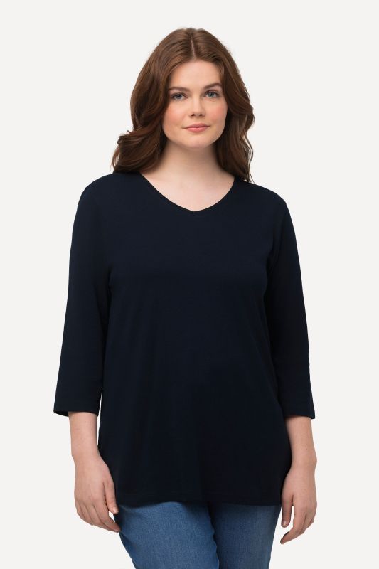 T-shirt, jersey bord-côte. Col en V et manches 3/4. Coton bio