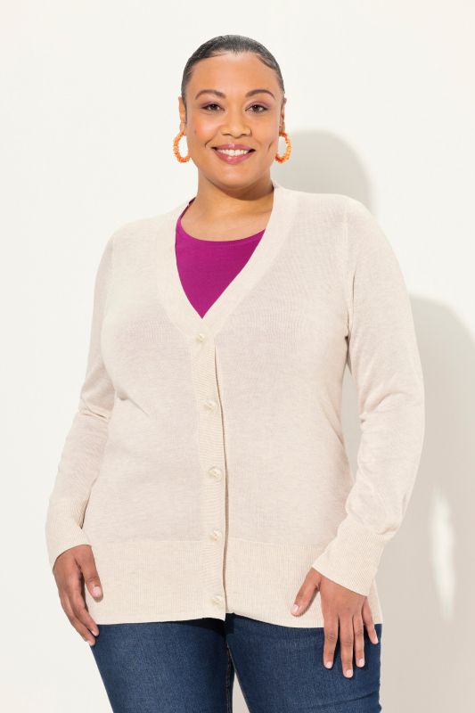 Cardigan en maille fine, encolure en V et patte de boutonnage