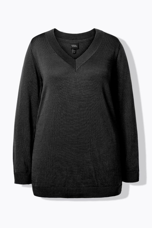 Pull col en V, manches longues, maille fine et douce