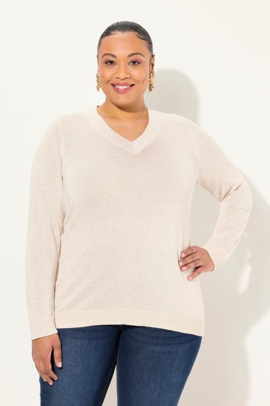 Pull col en V, manches longues, maille fine et douce