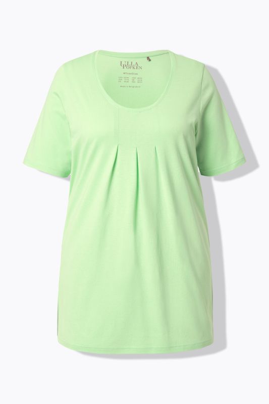 T-shirt en modal. Plis fantaisie, col rond et manches courtes. Coupe évasée