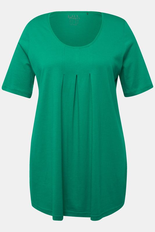 T-shirt en modal. Plis fantaisie, col rond et manches courtes. Coupe évasée