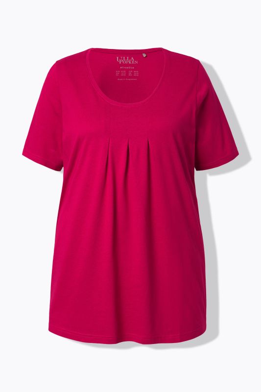 T-shirt en modal. Plis fantaisie, col rond et manches courtes. Coupe évasée