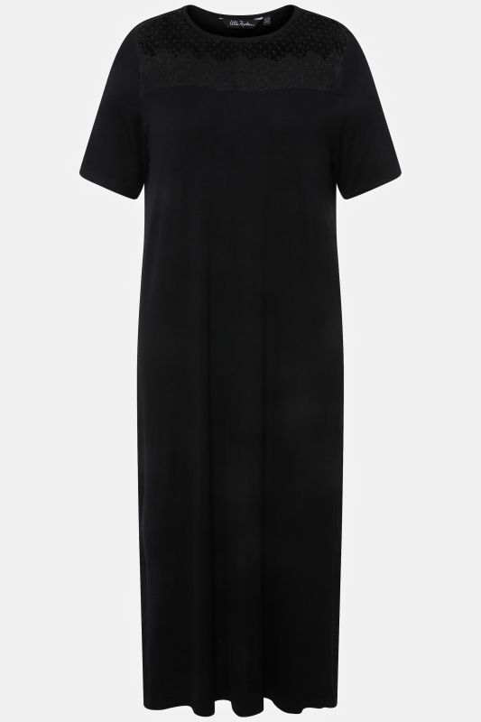 Chemise de nuit à dentelle, encolure ronde et manches courtes