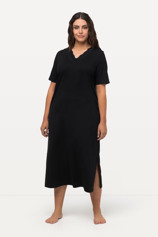 Chemise de nuit en modal mélangé, manches courtes et broderies ajourées