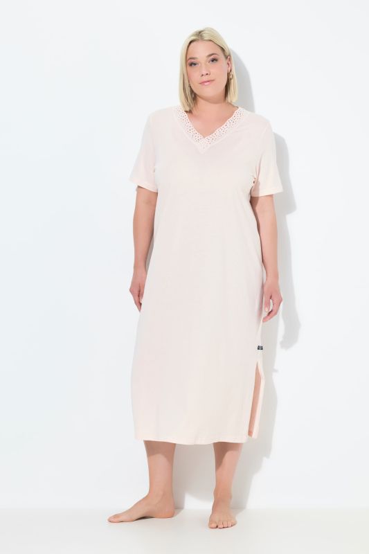 Chemise de nuit en modal mélangé, manches courtes et broderies ajourées