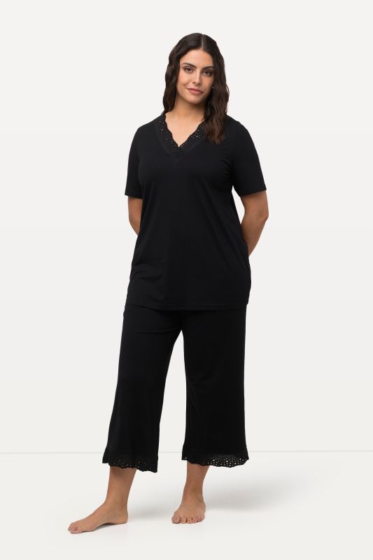 Pyjama en modal mélangé, T-shirt à manches courtes, broderie ajourée
