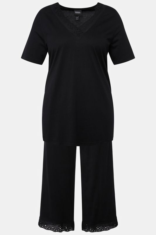 Pyjama en modal mélangé, T-shirt à manches courtes, broderie ajourée