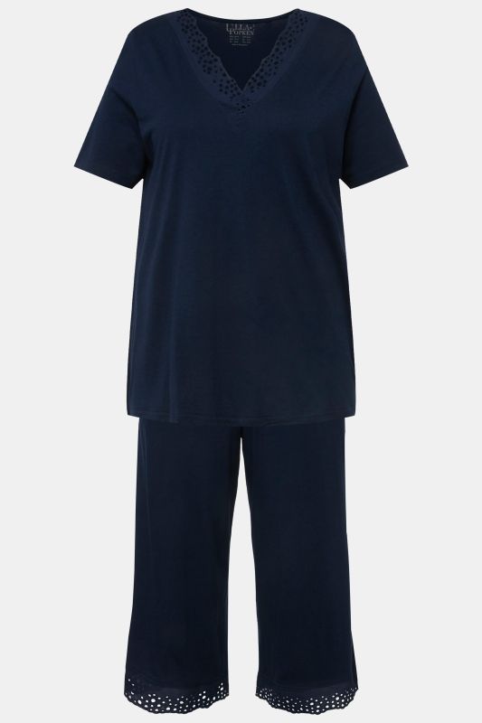 Pyjama en modal mélangé, T-shirt à manches courtes, broderie ajourée