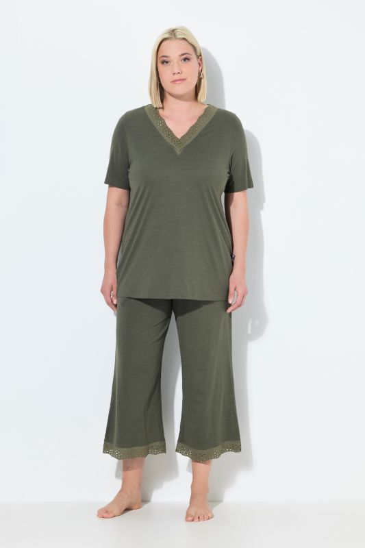 Pyjama en modal mélangé, T-shirt à manches courtes, broderie ajourée