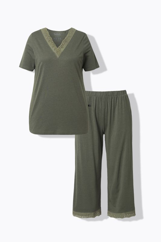 Pyjama en modal mélangé, T-shirt à manches courtes, broderie ajourée