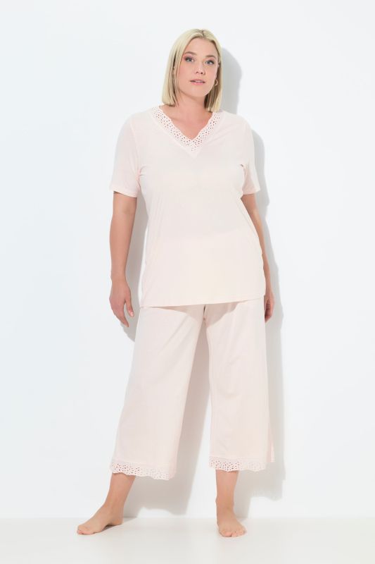 Pyjama en modal mélangé, T-shirt à manches courtes, broderie ajourée