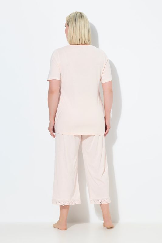 Pyjama en modal mélangé, T-shirt à manches courtes, broderie ajourée