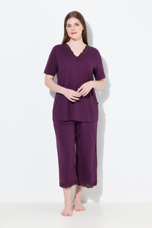 Pyjama en modal mélangé, T-shirt à manches courtes, broderie ajourée